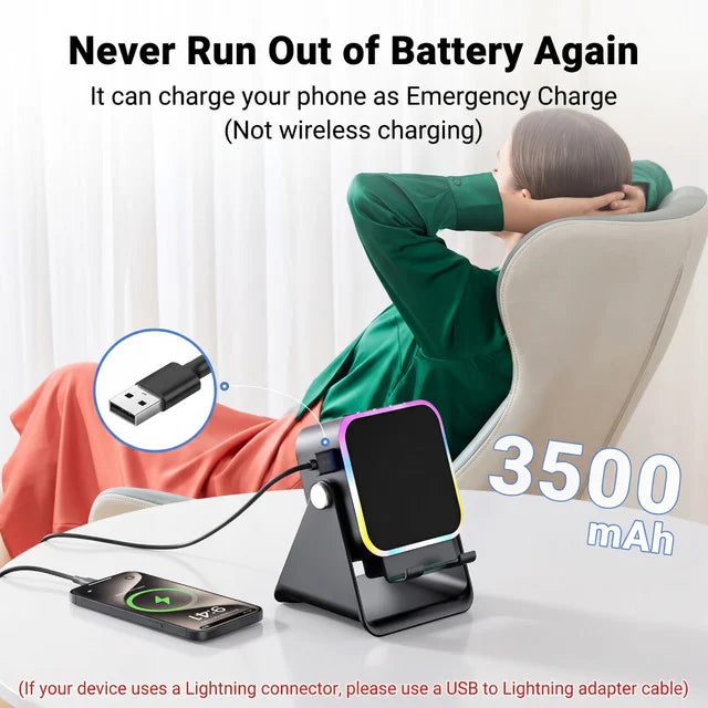 🔥5-in-1 Wireless Induction Speaker Stand – 360° Adjustable, 3500mAh Power Bank & Ambient Light