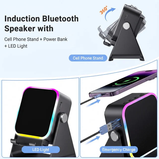 🔥5-in-1 Wireless Induction Speaker Stand – 360° Adjustable, 3500mAh Power Bank & Ambient Light